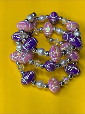 Purple and Pink Beaded Football Stretch Bracelet Set - Women Jewelry